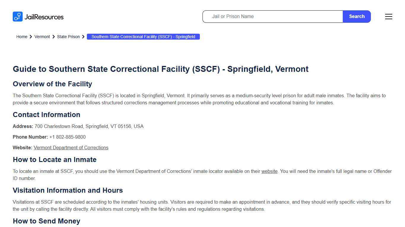 Southern State Correctional Facility (SSCF) - Springfield Vermont Department of Corrections (VDOC) Inmate Family Guide - Jail Resources