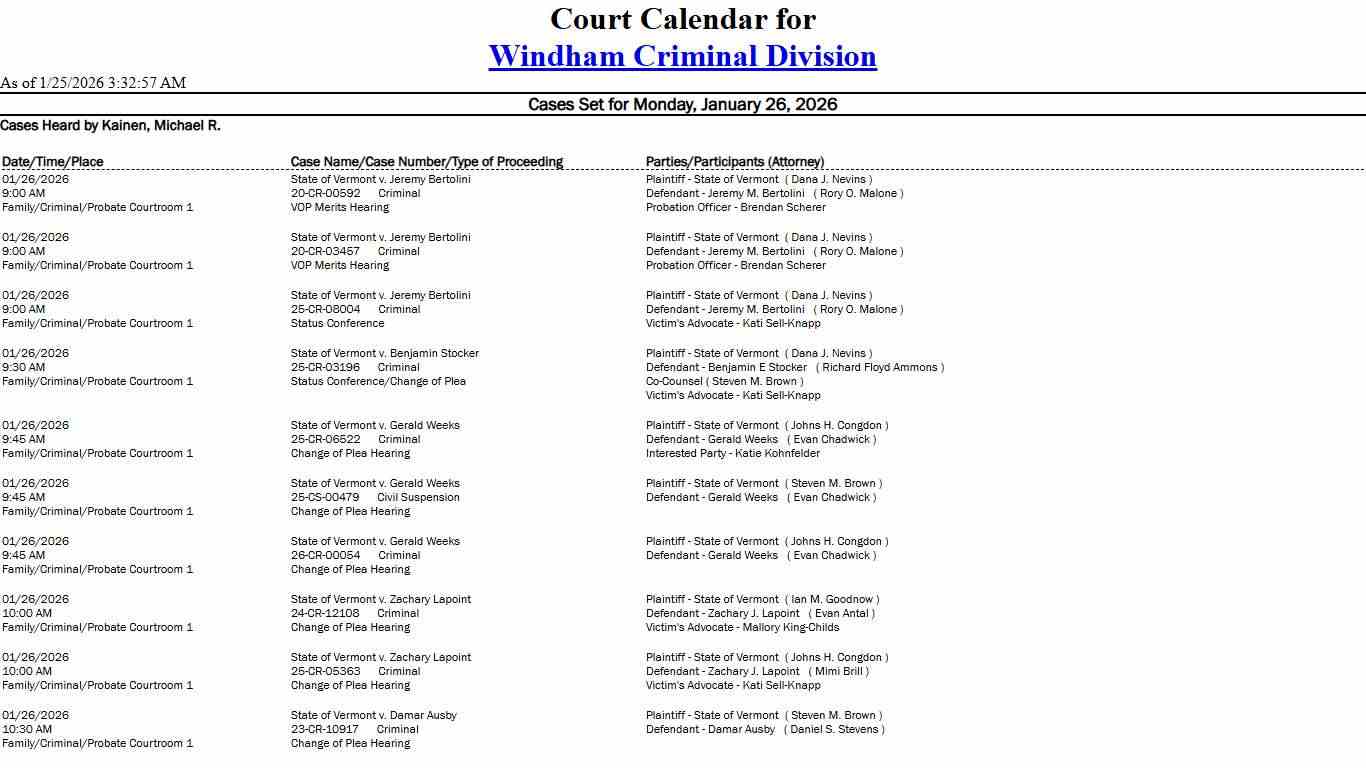 Windham Criminal Division Calendar